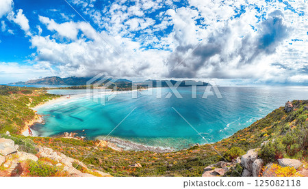 Impressive view on Lagoon of Porto Giunco with turquoise water. Impressive view on Lagoon of Porto Giunco with turquoise water. 125082118