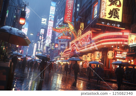 Under a heavy rain, a lively city street is filled with people carrying umbrellas, highlighted by bright neon signs and reflections. The atmosphere is vibrant and energetic, showcasing urban life. 125082340