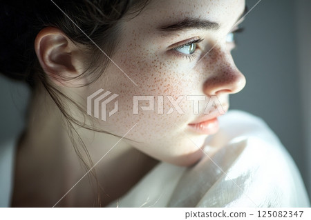 A woman with delicate freckles gazes thoughtfully to the side, her natural beauty enhanced by soft lighting. Her hair is gently styled, adding to the serene atmosphere. 125082347