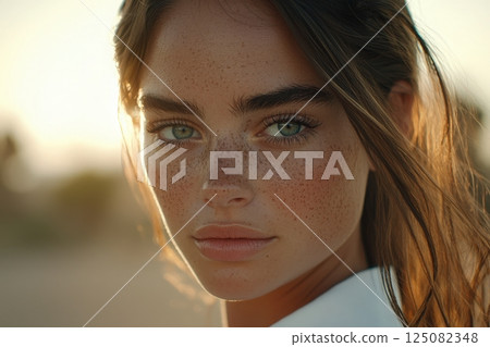 A young woman with striking green eyes and freckles gazes directly at the camera. The warm glow of sunset enhances her features, emphasizing her natural beauty. 125082348