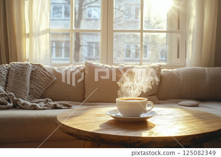 A warm cup of coffee sits on a wooden table beside a plush couch in a sunlit living space. Soft curtains filter sunlight, creating a serene and inviting atmosphere. 125082349