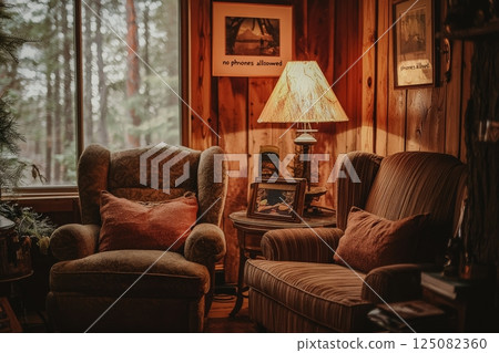 A welcoming living room features a comfortable armchair and stylish couch beside a wooden table. Warm light from a lamp enhances the cabins rustic charm, while nature is visible outside. 125082360