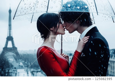 A couple shares a tender kiss beneath an umbrella during a rain shower in Paris. The iconic Eiffel Tower stands in the background, enhancing the romantic atmosphere. 125082395