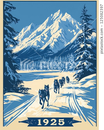 A team of strong dogs pulls a sled across a snowy terrain, surrounded by towering mountains and evergreen trees. The clear blue sky contrasts with the white snow, evoking a serene winter setting. A team of strong dogs pulls a sled across a snowy terrain, surrounded by towering mountains and evergreen trees. The clear blue sky contrasts with the white snow, evoking a serene winter setting. 125082397