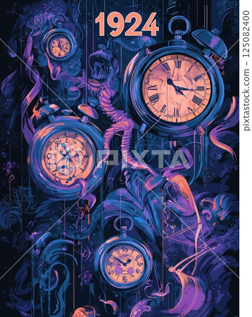 Colorful and vibrant artwork features various clocks suspended against a dark backdrop. Surreal elements intertwine with the timepieces, creating a dreamlike atmosphere. 125082400