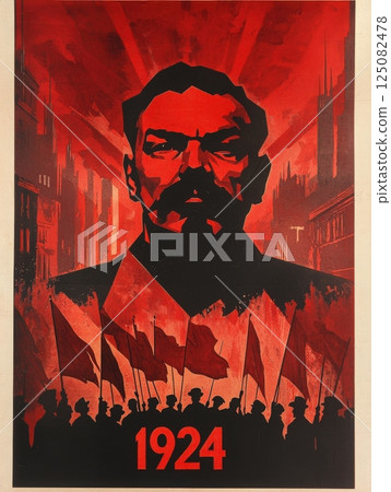 This striking political poster showcases a powerful figure with an intense expression, surrounded by a sea of flags and a red backdrop. 125082478