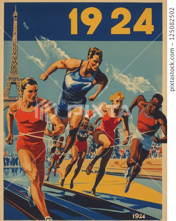 Athletes race energetically on a track with the Eiffel Tower in the background. The design captures the spirit of competition during the 1924 Olympic Games in Paris. 125082502