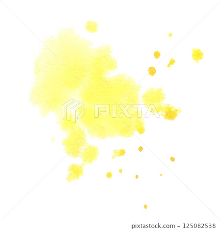 Yellow abstract watercolor stain with soft, blurry edges, drops and blobs. Hand drawn paint blurring in wet-on-wet technique. Translucent spot design element isolated from background for backdrop 125082538