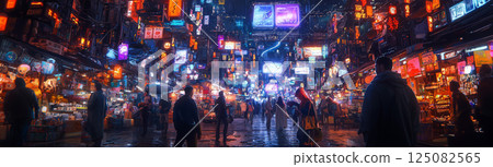 Futuristic eco-market bustling with people trading handmade goods 125082565