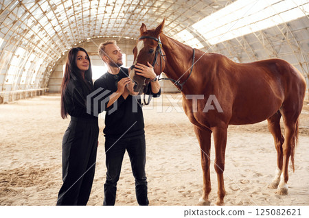 Beautiful couple standing in the hangar with horse Beautiful couple standing in the hangar with horse 125082621