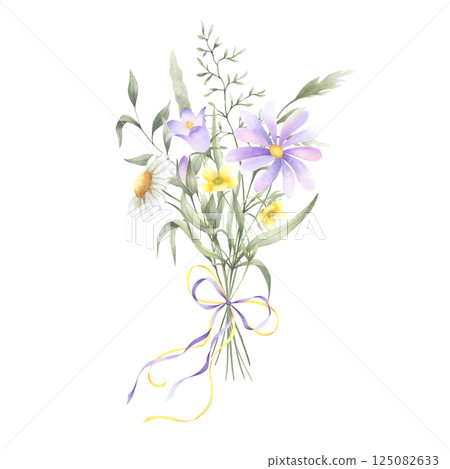 Bouquet of watercolor wildflowers bellflower, buttercup, chamomile and meadow grasses tied ribbon bow. Hand drawn isolated illustration of yellow and lilac flowers for invitations, cards and stickers 125082633
