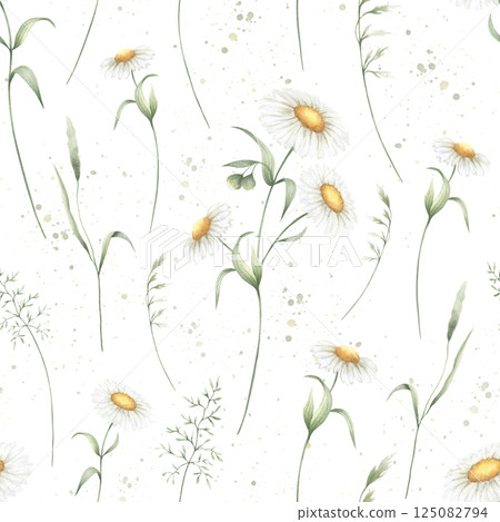 Seamless floral pattern of watercolor wildflowers chamomile and field grasses isolated from background. Hand drawn sketch meadow yellow flowers and wild greenery for fabric print, textile and cards Seamless floral pattern of watercolor wildflowers chamomile and field grasses isolated from background. Hand drawn sketch meadow yellow flowers and wild greenery for fabric print, textile and cards 125082794