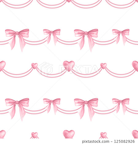 Coquette Bows, hearts, beads and necklaces in pastel pink color. Isolated watercolor seamless pattern of pendants hand drawn for cutecore, romantic design, fabric, textile, wrapping and scrapbook 125082926