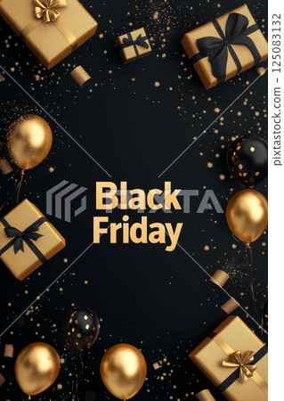 Black Friday Sale Image | Black and gold balloons and gift boxes 125083132