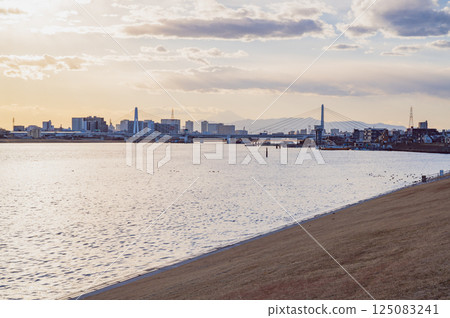 東京：黃昏時分的多摩川和富士山（大田區） 125083241