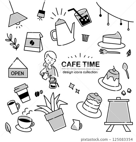 簡單的手繪咖啡館圖示集 — 咖啡店、員工和食物的鬆散商業插圖 簡單的手繪咖啡館圖示集 — 咖啡店、員工和食物的鬆散商業插圖 125083354