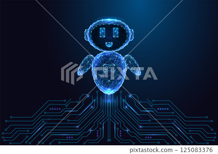 Futuristic glowing chatbot with smiling face and circuit board background. AI assistant concept. 125083376