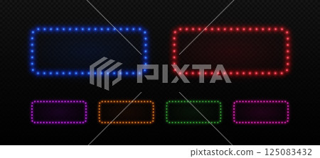 Frame with neon bulbs. Retro rectangles lamp light border. Billboard for casino, circus or cinema. Set of vector elements in blue, green and purple. Frame with neon bulbs. Retro rectangles lamp light border. Billboard for casino, circus or cinema. Set of vector elements in blue, green and purple. 125083432