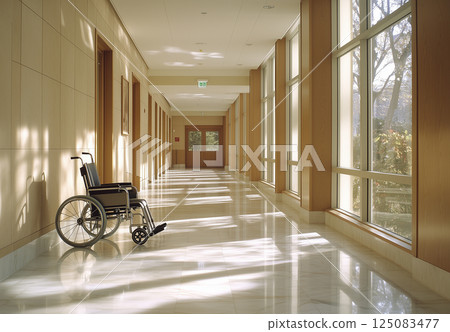 Corridor and wheelchairs in a nursing home, home care and welfare image Corridor and wheelchairs in a nursing home, home care and welfare image 125083477