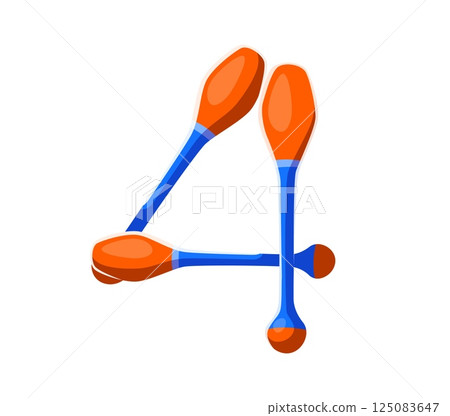 Cartoon number four made of gymnastics maces. Vector sport font, 4 math symbol, typeface, funny type, kids alphabet for children mathematics or arithmetic learning and counting educational activities Cartoon number four made of gymnastics maces. Vector sport font, 4 math symbol, typeface, funny type, kids alphabet for children mathematics or arithmetic learning and counting educational activities 125083647
