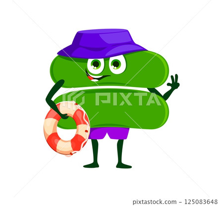 Cartoon cheerful math equation symbol character on summer vacation. Isolated vector personage happily smiling with a lifebuoy in hand, embracing the joy and relax on sea beach during a sunny day 125083648