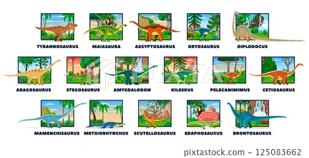Prehistoric dinosaurs and cartoon lizards species with names, vector paleontology animals collection. Prehistoric dinosaurs, giant reptiles and lizards set of Jurassic, Mesozoic and Cretaceous era Prehistoric dinosaurs and cartoon lizards species with names, vector paleontology animals collection. Prehistoric dinosaurs, giant reptiles and lizards set of Jurassic, Mesozoic and Cretaceous era 125083662