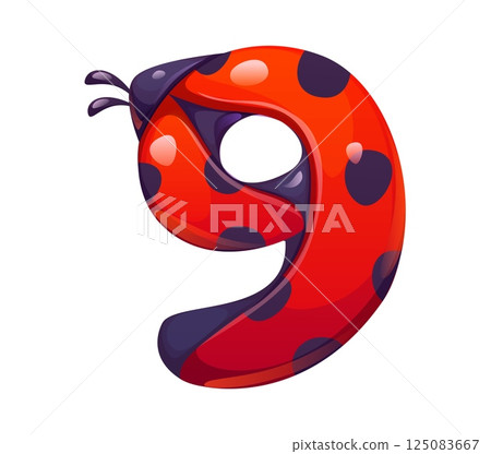 Ladybug cartoon font digit 9 nine. Cute lady bug kids ABC typeface digit, red insect cartoon vector mathematics type numeral symbol. Spring ladybird math typeface figure or alphabet font number Ladybug cartoon font digit 9 nine. Cute lady bug kids ABC typeface digit, red insect cartoon vector mathematics type numeral symbol. Spring ladybird math typeface figure or alphabet font number 125083667