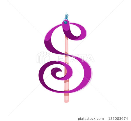 Cartoon dollar sign as a swirling purple gymnastics ribbon on stick. Vector sport font, typeface, funny type, kids alphabet symbol and glyph. Vector typographic character as a sports equipment Cartoon dollar sign as a swirling purple gymnastics ribbon on stick. Vector sport font, typeface, funny type, kids alphabet symbol and glyph. Vector typographic character as a sports equipment 125083674