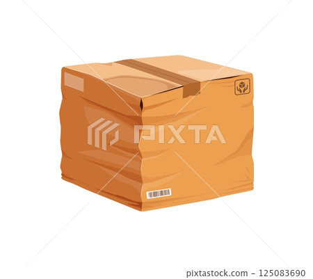 Damaged and broken parcel cardboard box cartoon. Ripped crushed cargo box, destroyed wet isolated vector delivery package. Damaged crumpled paper container cartoon or broken dirty shipping parcel Damaged and broken parcel cardboard box cartoon. Ripped crushed cargo box, destroyed wet isolated vector delivery package. Damaged crumpled paper container cartoon or broken dirty shipping parcel 125083690
