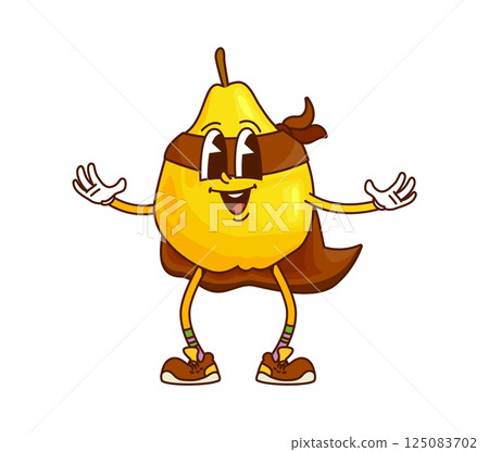Cartoon groovy quince fruit superhero character. Vector defender super hero personage in cape and mask stand in funky pose. Funny cheerful fairytale healthy food, brave tropical vitamin ready for feat 125083702