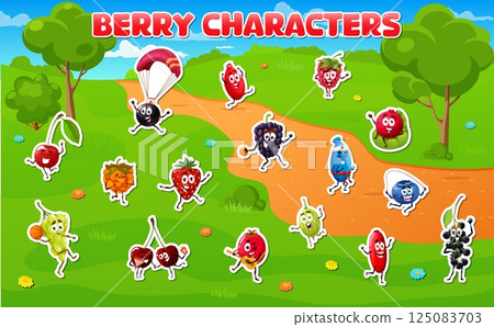 Stickers pack of berry fruits characters. Blackcurrant, rosehip, raspberry and cherry, strawberry, blackberry berries cartoon vector funny personages doing sports, having fun in park stickers set Stickers pack of berry fruits characters. Blackcurrant, rosehip, raspberry and cherry, strawberry, blackberry berries cartoon vector funny personages doing sports, having fun in park stickers set 125083703