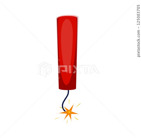 Cartoon exclamation mark as red dynamite stick with a lit fuse, symbolizing danger and explosion. Vector punctuation symbol, kids cowboy font, wild west typeface, western type, sheriff alphabet glyph Cartoon exclamation mark as red dynamite stick with a lit fuse, symbolizing danger and explosion. Vector punctuation symbol, kids cowboy font, wild west typeface, western type, sheriff alphabet glyph 125083705