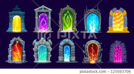 Magic teleport portal gates and doors for game asset, vector cartoon elements. Magic fantasy and witchcraft game assets of portal doors with plasma or mystic fire in fireplace with teleport entrance Magic teleport portal gates and doors for game asset, vector cartoon elements. Magic fantasy and witchcraft game assets of portal doors with plasma or mystic fire in fireplace with teleport entrance 125083706