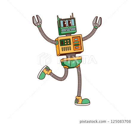 Cartoon groovy robot and droid character running with raised claws. Vector futuristic and friendly metallic robotic humanoid machine features buttons and communication antenna, embodying sci fi vibe 125083708