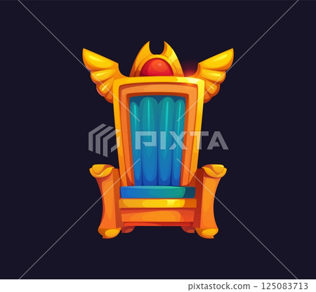 Majestic throne ancient Egypt game icon, Egyptian treasure asset. Cartoon vector luxurious royal seat adorned with golden details, blue cushioning and winged decorations, topped with a glowing red gem Majestic throne ancient Egypt game icon, Egyptian treasure asset. Cartoon vector luxurious royal seat adorned with golden details, blue cushioning and winged decorations, topped with a glowing red gem 125083713