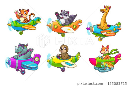 Cartoon animal kid pilots on planes, baby boy and girl characters. Vector cute giraffe, tiger, rhino and fox, sloth and raccoon animals flying on airplanes with propellers. Funny little aviators set 125083715