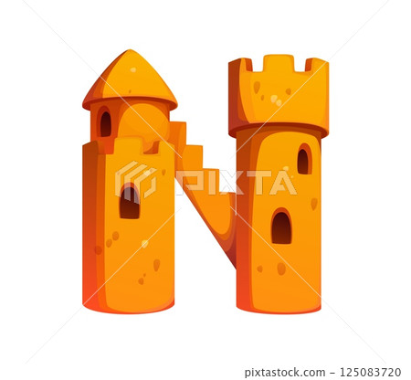 Summer holiday trip cartoon font sand castle letter N. Holiday trip type sign, tourist travel vector font element. Summer leisure kids ABC typeface letter or vacation English alphabet typeset symbol Summer holiday trip cartoon font sand castle letter N. Holiday trip type sign, tourist travel vector font element. Summer leisure kids ABC typeface letter or vacation English alphabet typeset symbol 125083720