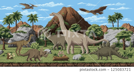 Prehistoric dinosaurs in 8bit pixel art for game landscape, vector background. Cartoon 8 bit pixel art Jurassic lizards and reptiles in jungle forest with volcano for arcade game level and landscape Prehistoric dinosaurs in 8bit pixel art for game landscape, vector background. Cartoon 8 bit pixel art Jurassic lizards and reptiles in jungle forest with volcano for arcade game level and landscape 125083721