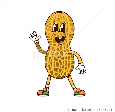 Cartoon groovy peanut nut pod character is smiling, waving hand and showcasing a friendly and happy expression. Isolated vector cheerful peanut healthy personage with expressive eyes and y2k sneakers Cartoon groovy peanut nut pod character is smiling, waving hand and showcasing a friendly and happy expression. Isolated vector cheerful peanut healthy personage with expressive eyes and y2k sneakers 125083723