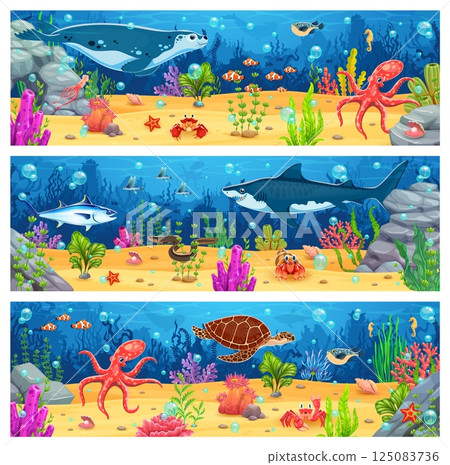 Cartoon ocean underwater landscape, game map background with sea animals and fish characters. Vector shark, octopus, squid and turtle, seal, crab, mackerel, seahorse and starfish underwater landscape Cartoon ocean underwater landscape, game map background with sea animals and fish characters. Vector shark, octopus, squid and turtle, seal, crab, mackerel, seahorse and starfish underwater landscape 125083736