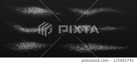 Powder salt splashes with white dust, crystals and grains realistic textures, vector 3d food seasonings. Rock or sea salt mineral crystal scatters and wave splashes set at dark transparent background 125083742