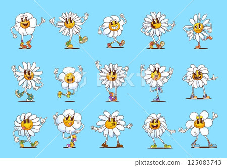 Funny groovy daisy chamomile flowers characters. Vector set of cheerful, blossoms or blooms, hippie y2k personages wearing vintage trendy sneakers, expressing playful emotions and striking funky poses 125083743