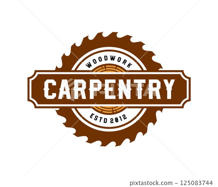 Carpentry woodwork icon showcases circular saw blade, log and white brown text. Vector emblem representing carpenter branding or woodworking business convey traditional lumberjack craftsmanship 125083744