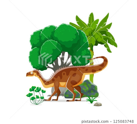 Plateosaurus prehistoric dinosaur character in its natural habitat. Isolated vector dino stands among lush greenery and rocky terrain with palm tree and plants at vivid Mesozoic era ancient ecosystem Plateosaurus prehistoric dinosaur character in its natural habitat. Isolated vector dino stands among lush greenery and rocky terrain with palm tree and plants at vivid Mesozoic era ancient ecosystem 125083748