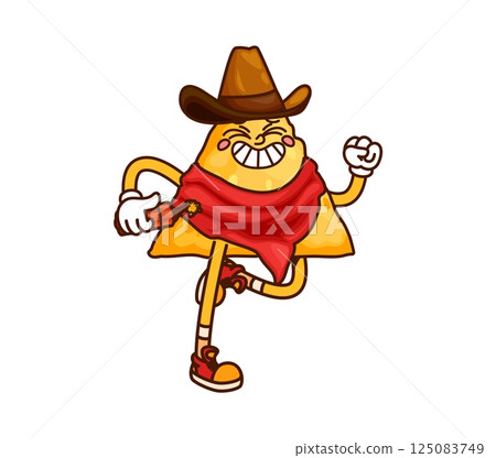 Wild West cowboy Mexican triangle nacho chip cartoon cute character. Texas cowboy corn appetizer funny personage. Wild West ranger or bandit nacho chip groovy vector happy mascot running with dynamite Wild West cowboy Mexican triangle nacho chip cartoon cute character. Texas cowboy corn appetizer funny personage. Wild West ranger or bandit nacho chip groovy vector happy mascot running with dynamite 125083749