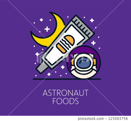 Color line galaxy space icon of tube of astronaut food, crescent moon and helmeted astronaut against a starry background. Linear vector futuristic symbol emphasizes space travel and zero gravity meals 125083756