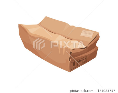 Damaged and ripped delivery cardboard box. Ripped wet shipping box, destroyed dirty isolated cartoon vector cardboard paper package. Broken crumpled delivery container or damaged crushed cargo parcel 125083757