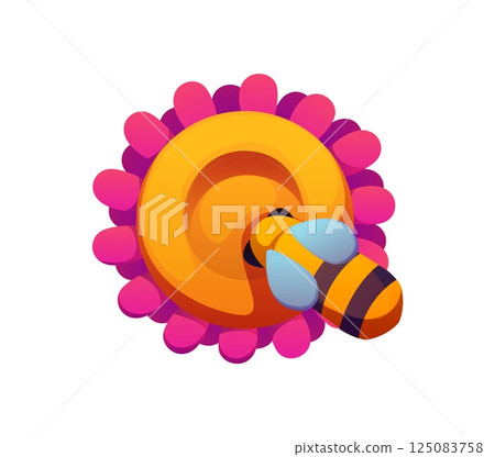 Honey font, bee and flower letter Q. Apiary farming kids ABC element, honey bee agriculture vector English alphabet type symbol. Beekeeping farm typeset letter or sweet honey harvest font sign 125083758