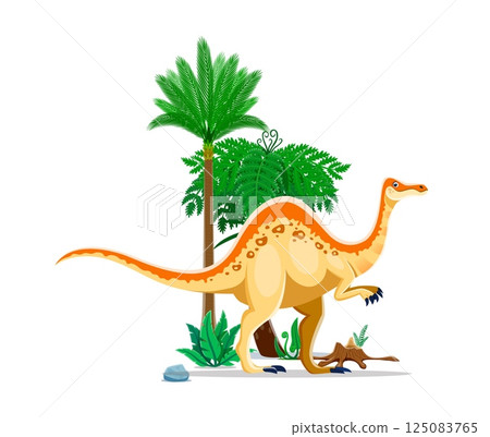 Deinocheirus prehistoric dinosaur character. Isolated cartoon vector genus of large theropod dino from the late cretaceous period. Omnivore animal stands near the large rock surrounded by palm trees 125083765