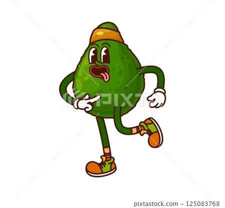 Jogging or running avocado groovy cute character. Ripe vegan food plant 60s 70s groovy funny character, tropical fruit groovy vector cute mascot. Green avocado vintage funky happy personage on fitness 125083768